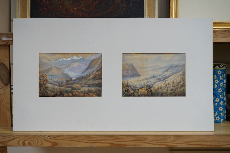 19th century School, two heightened watercolours mounted as one, Mountainous landscapes, unsigned, each 16 x 22cm. Condition - some foxing and discolouration throughout